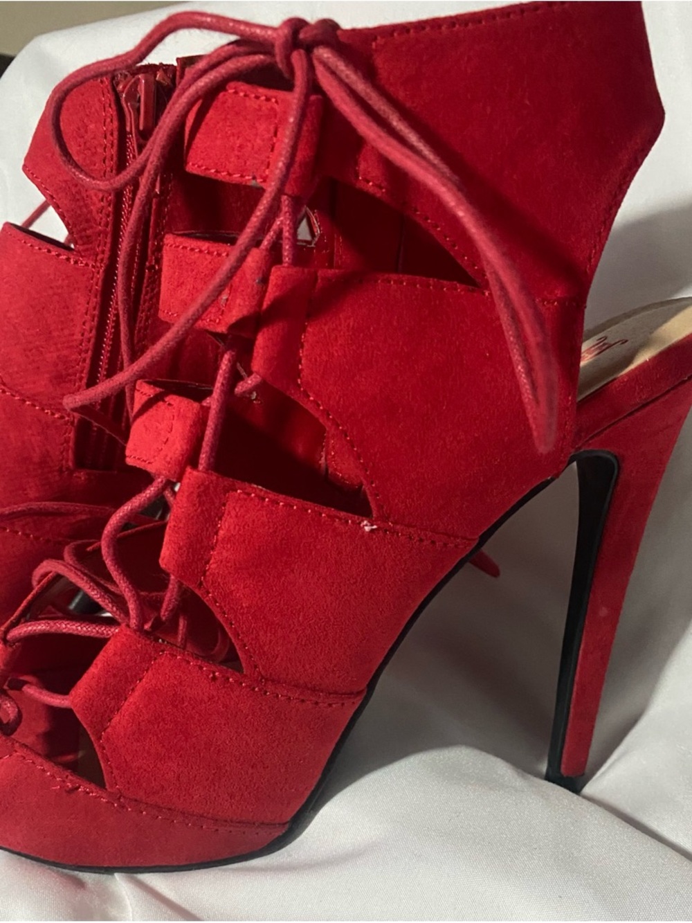 JustFab Red Suede Lace-Up Stiletto Sandals